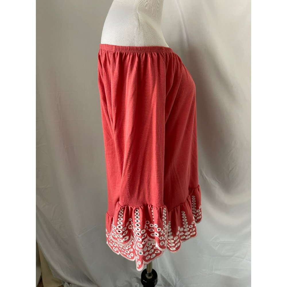 Fever Salmon Flare 3/4 Sleeve Eyelet Embroidered Wide neck Ruffle Bottom Blouse - Picture 3 of 10
